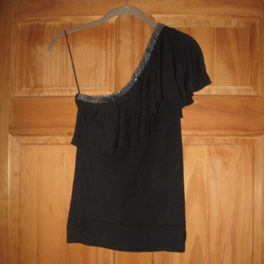 Express Black w/Silver Sequin Embellished Neckline One Shoulder Top